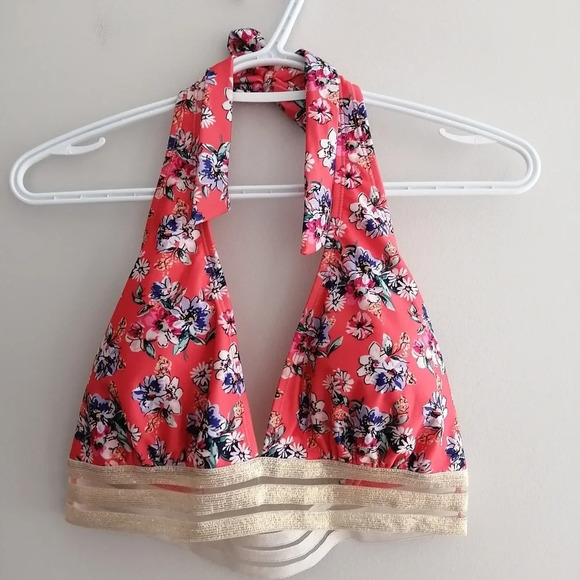 Nicole Miller Coral Pink Floral  Halter Bikini Top with Mesh Metallic Band Large - Picture 3 of 16